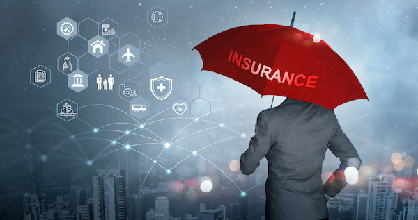 insurance concept, businessman holding red umbrella on falling rain with protect with icon business, health, financial, life, family, accident and logistics insurance on city background